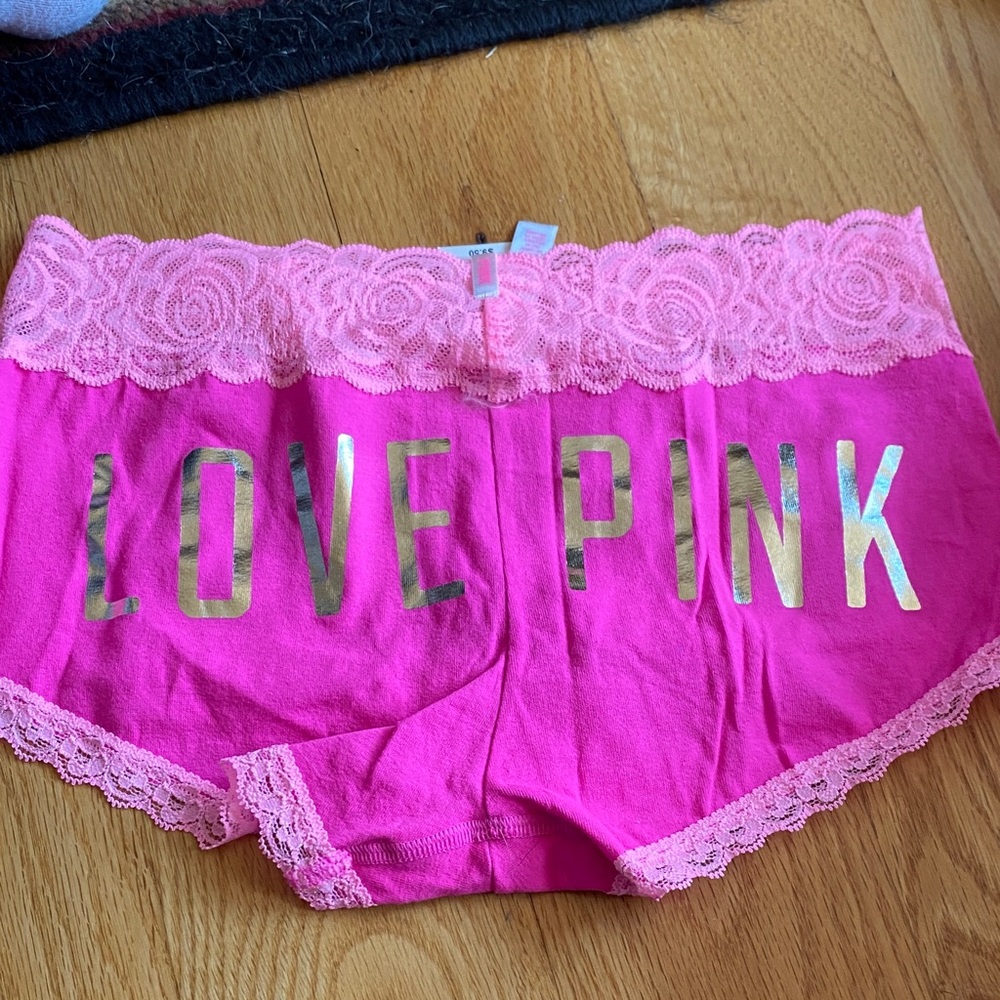 NWT Victoria Secret Pink Lace Trim Shorts with Gold Lettering